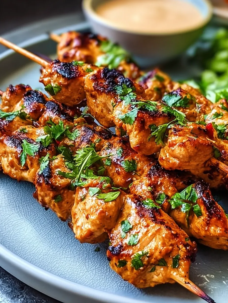 A plate of chicken skewers with green herbs.