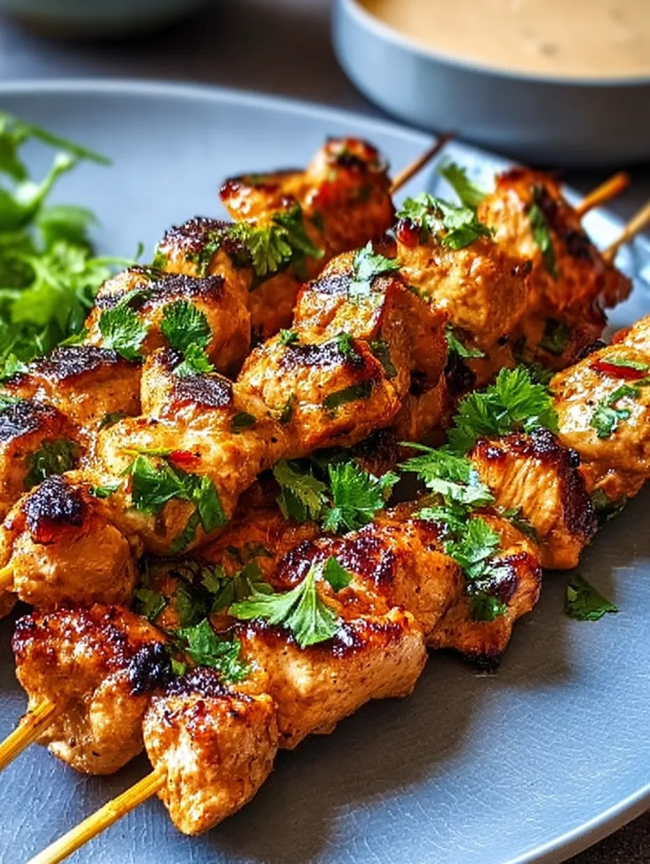 A plate of meat skewers with green and red toppings.