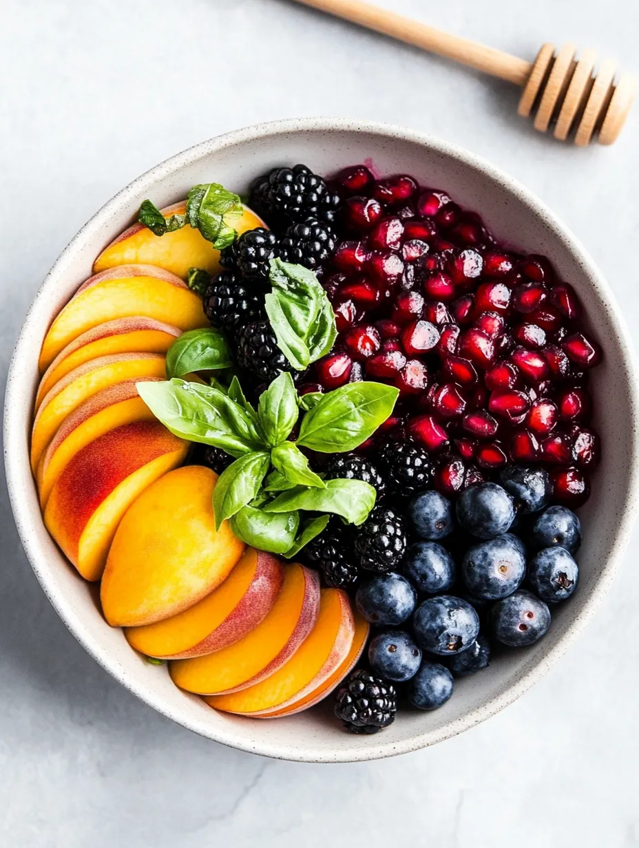 Fruit bowl packed with peaches, blueberries, and blackberries.