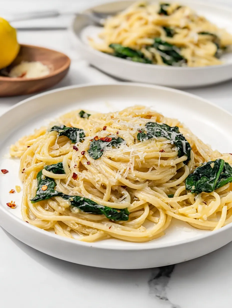 A plate of pasta with spinach and cheese.