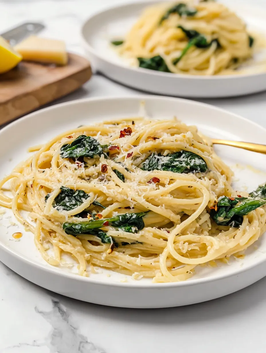 A plate of pasta with spinach and cheese.
