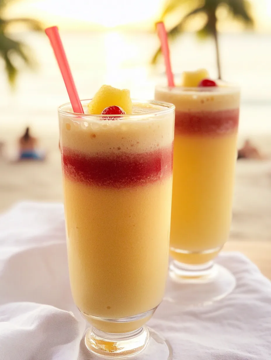 Two tall pineapple juice drinks with cute straws sticking out.