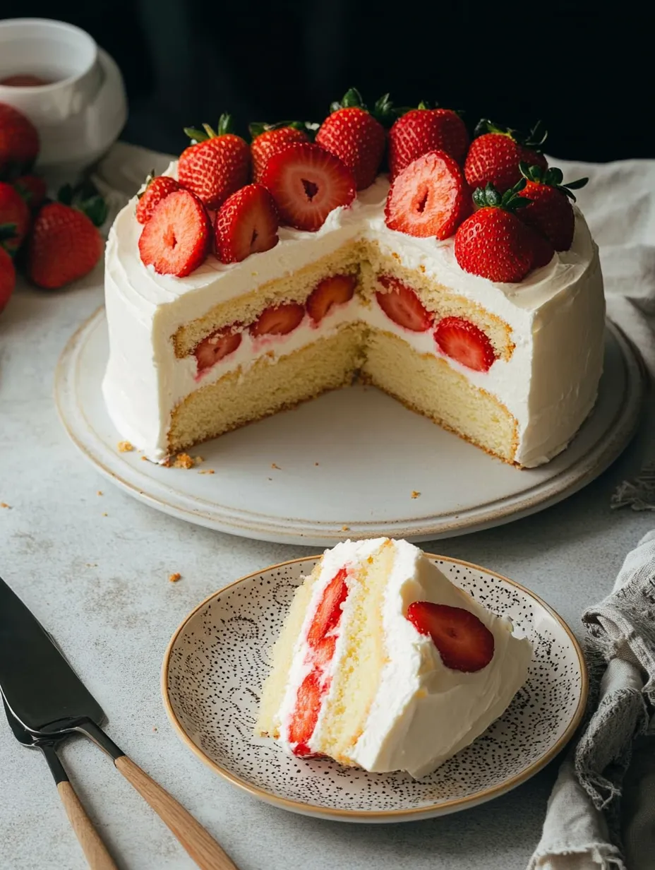 A slice of cake with strawberries on top.