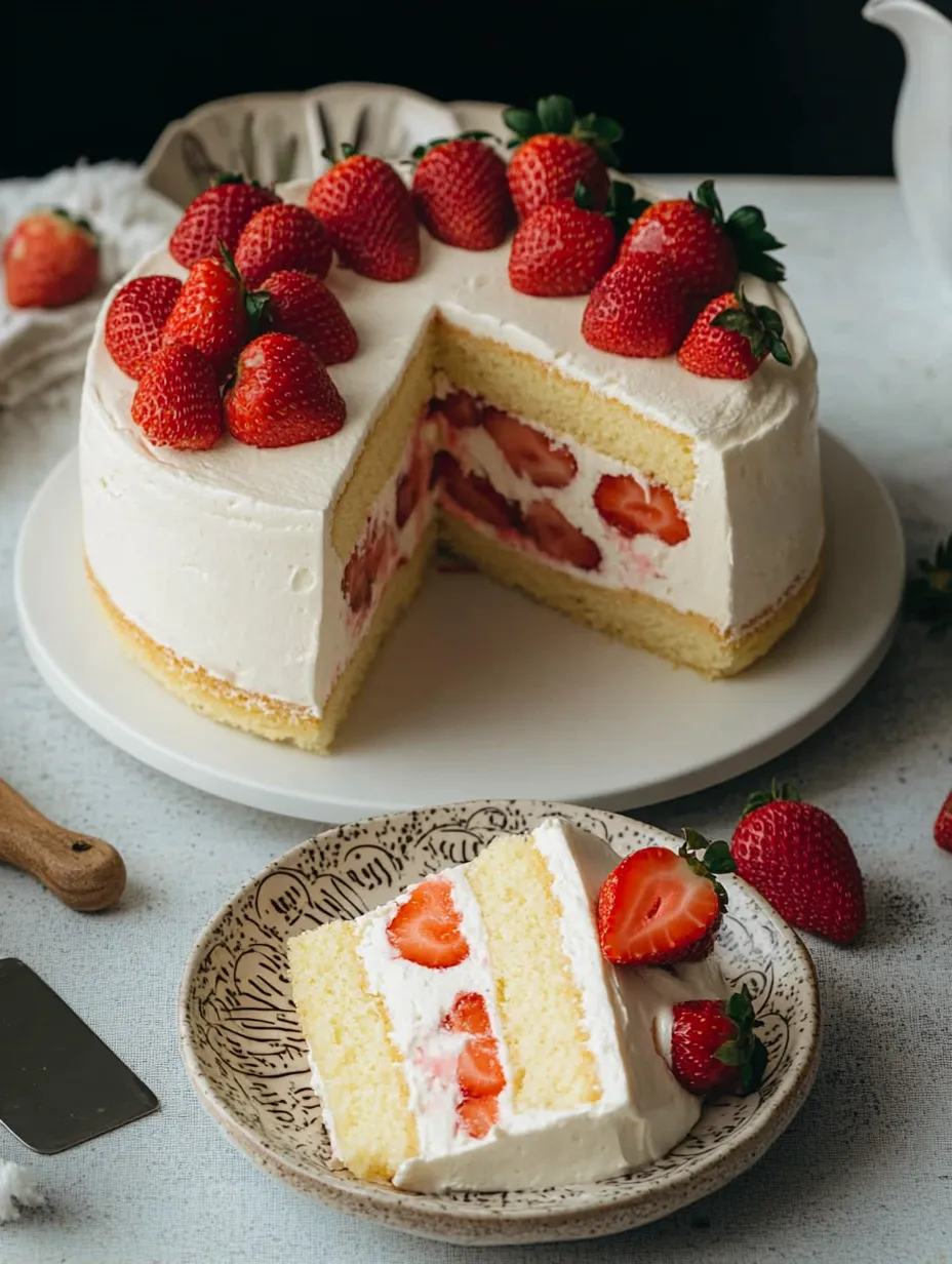 A slice of cake with strawberries on top.