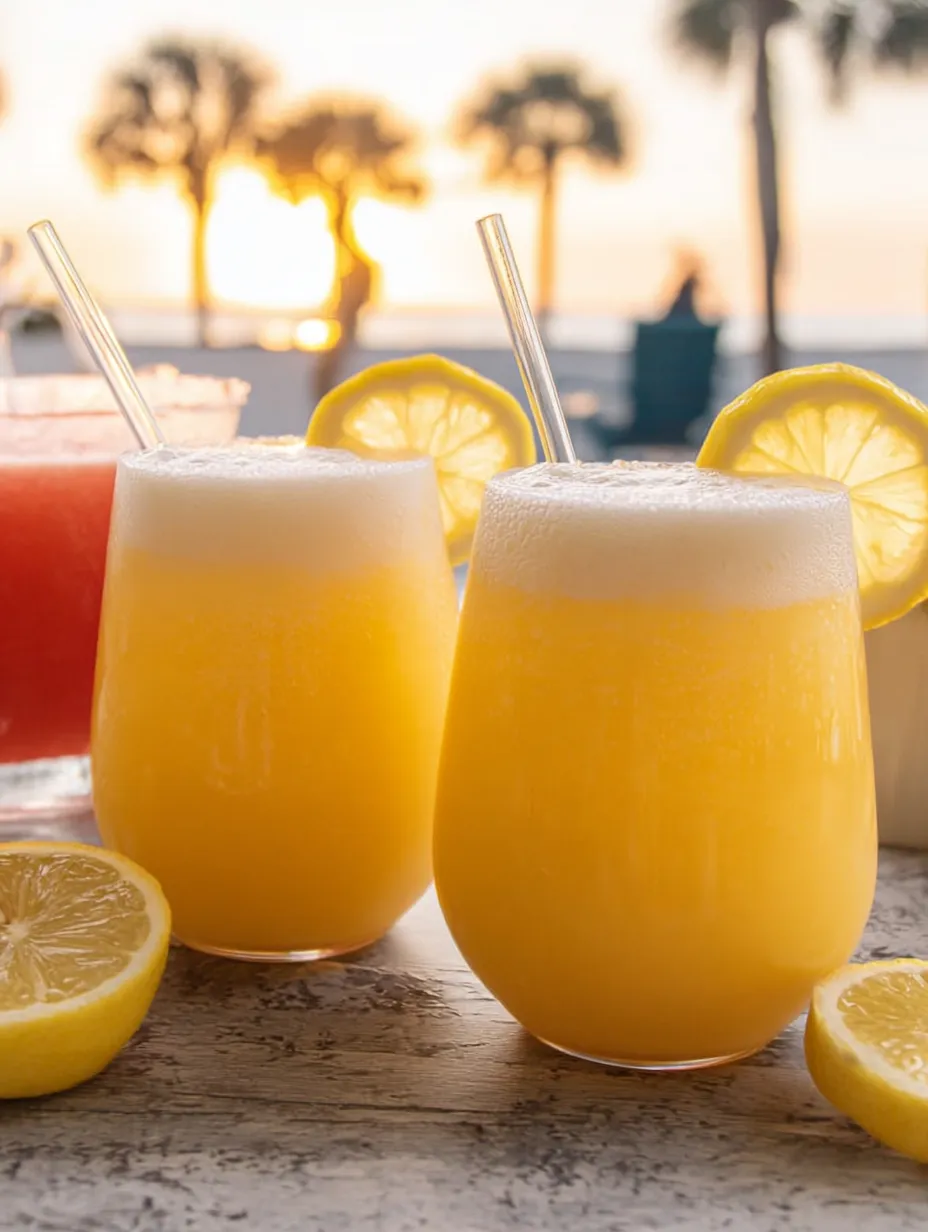 Three clear glasses of lemonade on a table.