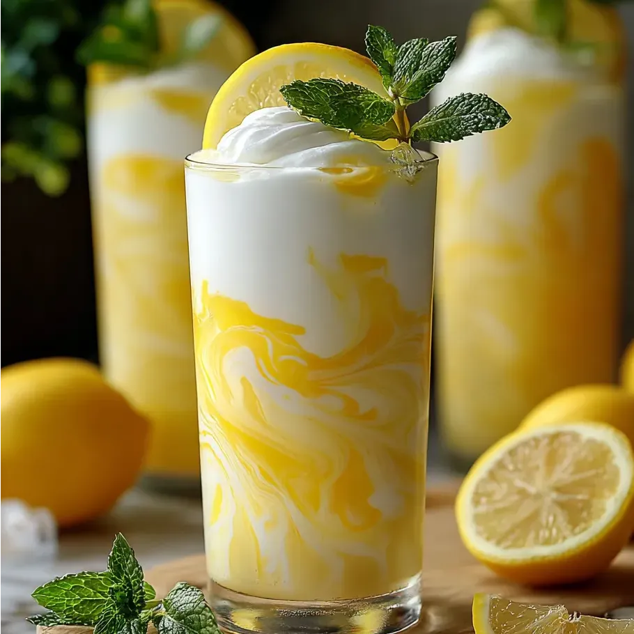 Tall glass filled with lemony drink and a lemon slice on the rim.