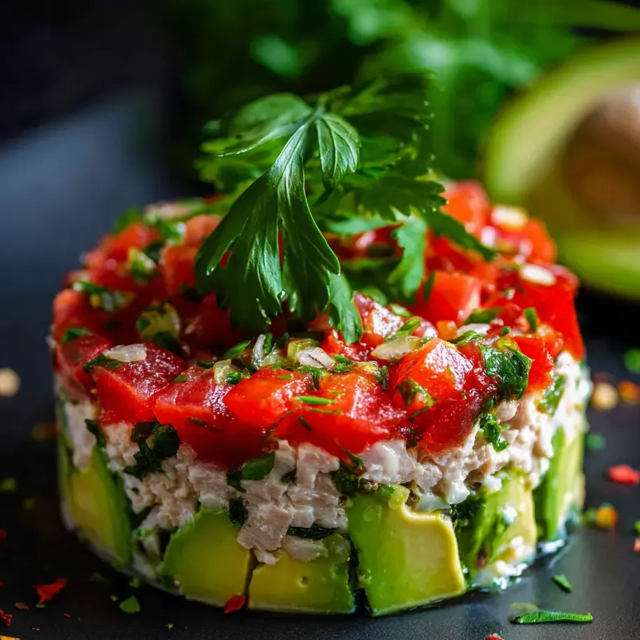 Plate topped with a colorful layered stack—avocado, tuna, salsa, and cilantro.