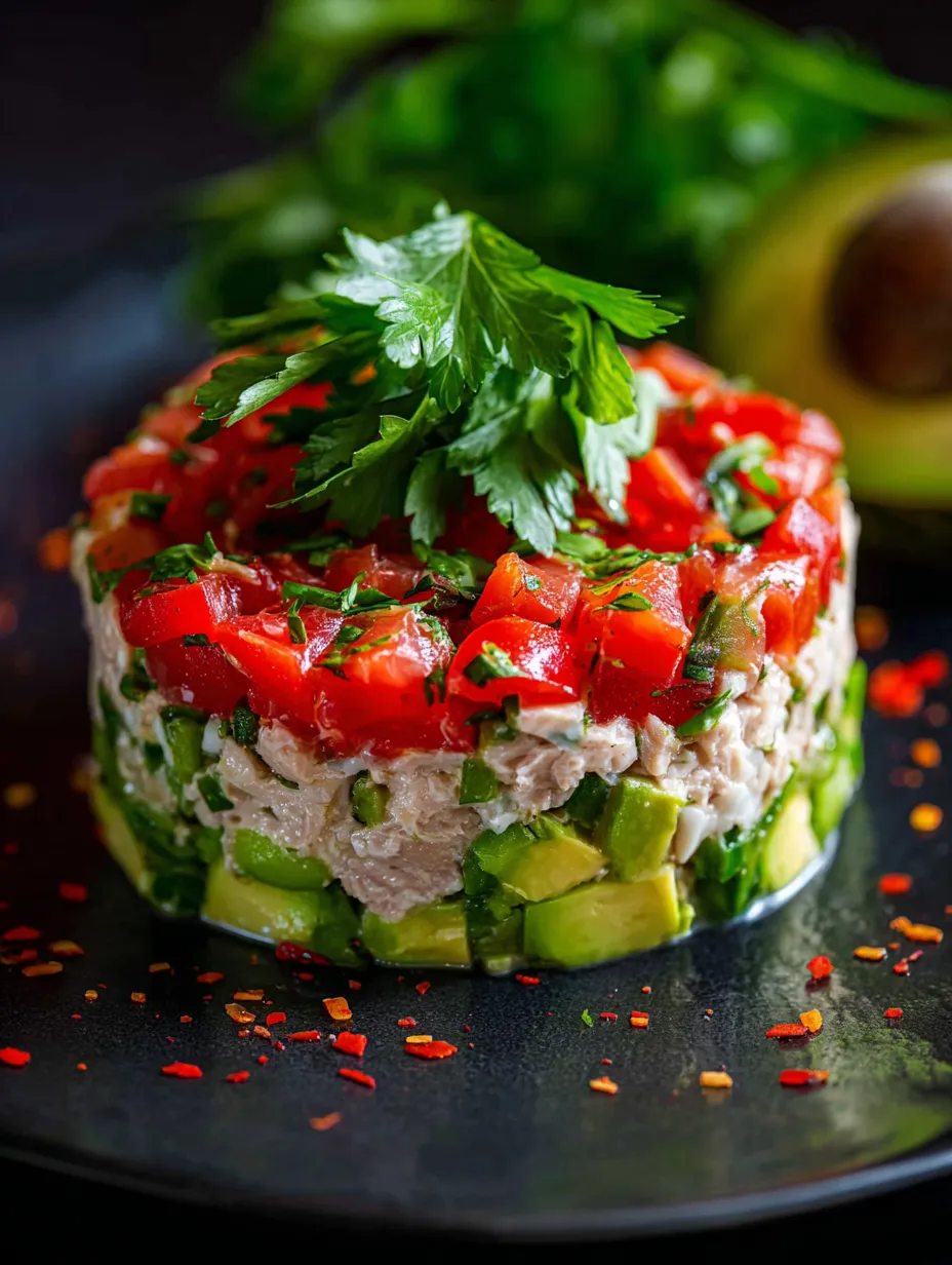 Food plated with a fresh green herb on top.