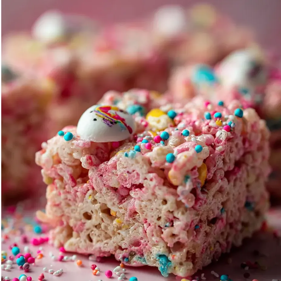 A square marshmallow bar with colorful sprinkles and a cookie piece on top.
