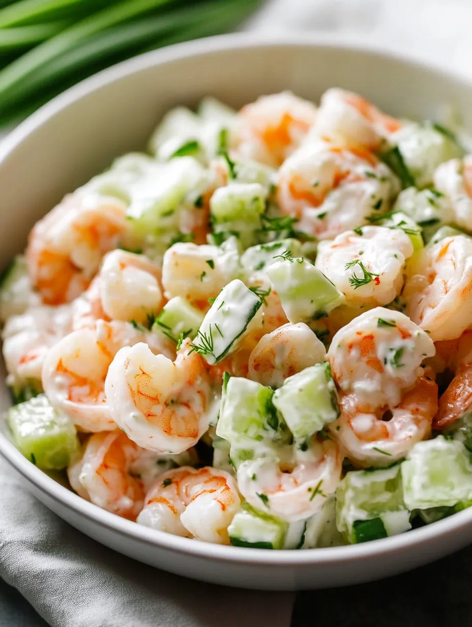 Shrimp salad in a bowl with chunks of cucumber and creamy sauce.