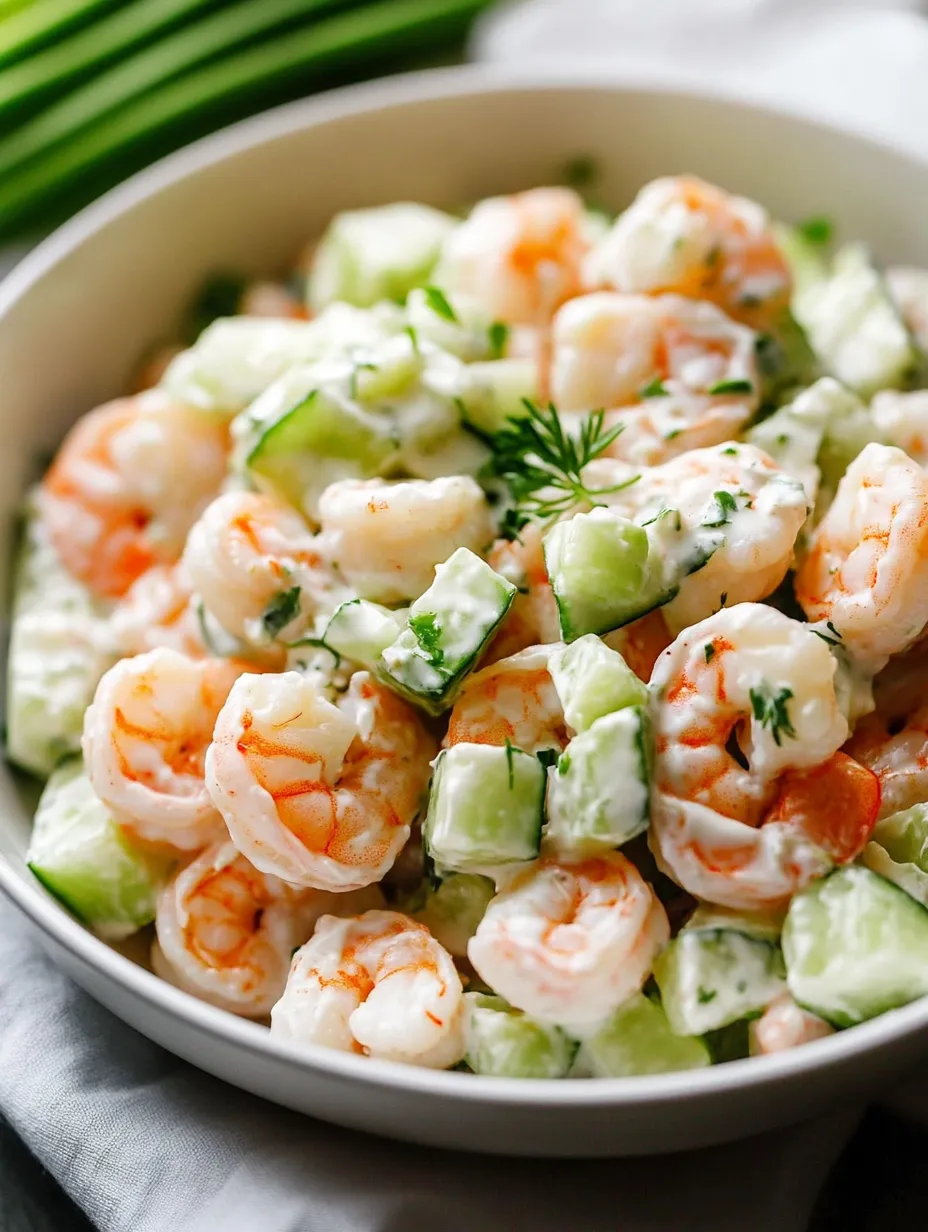 A bowl full of cucumber shrimp salad with fresh green herbs.