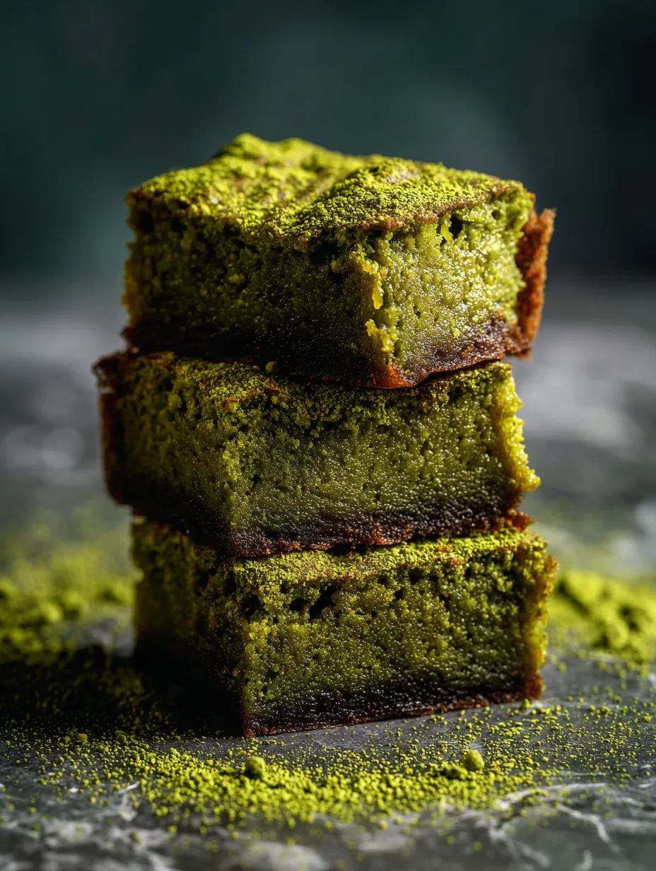 Trio of green brownies stacked up on each other.