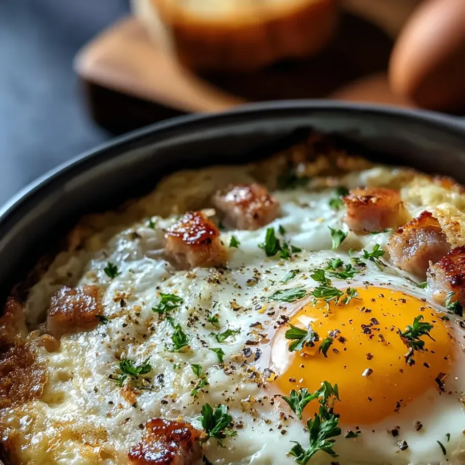 Eggs with crispy bacon and some herbs on top.