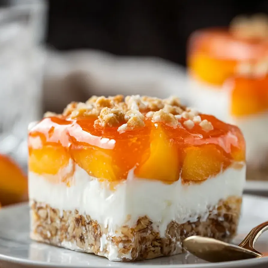 A golden slice of peach pretzel bar with a spoon nearby.