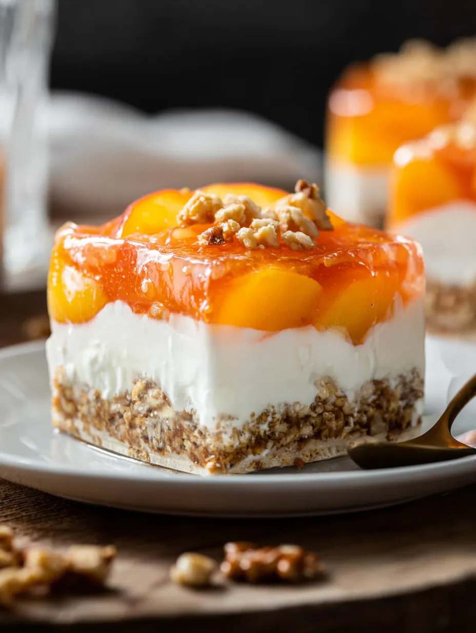 A slice of peach cobbler with a nut topping.