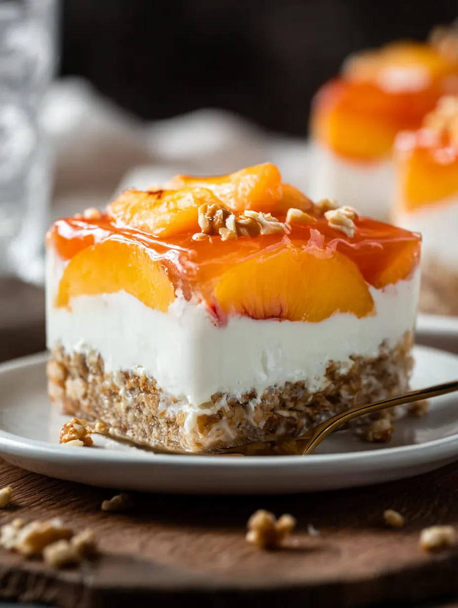 A slice of peach cobbler on a plate.
