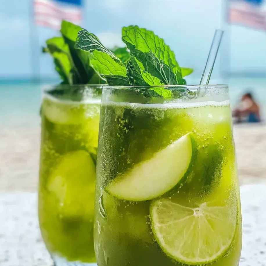 A pair of green drinks with lemon wedges in each glass.
