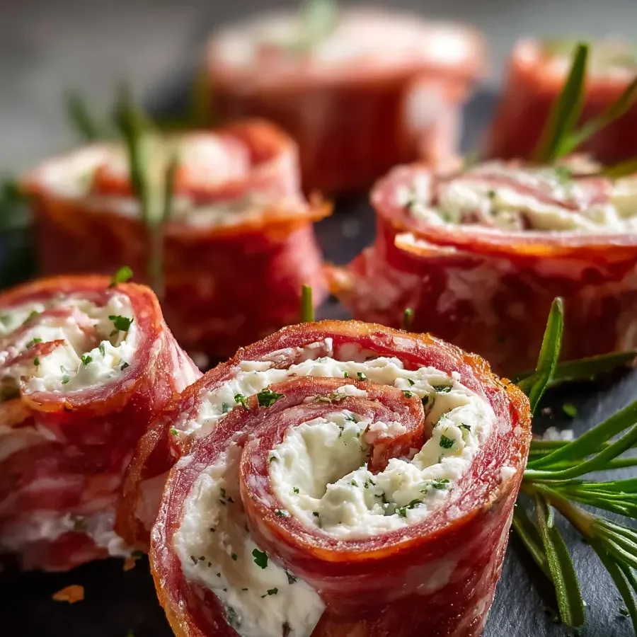 A plate stacked with cheesy meat roll-ups.