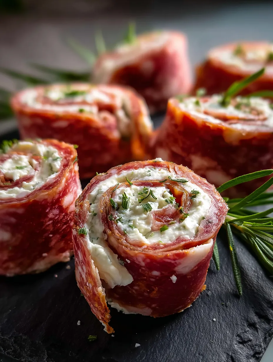 Slices of meat wrapped in cheese and herbs.
