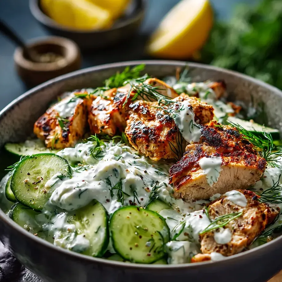 A bowl filled with chicken, fresh veggies, and creamy sauce.