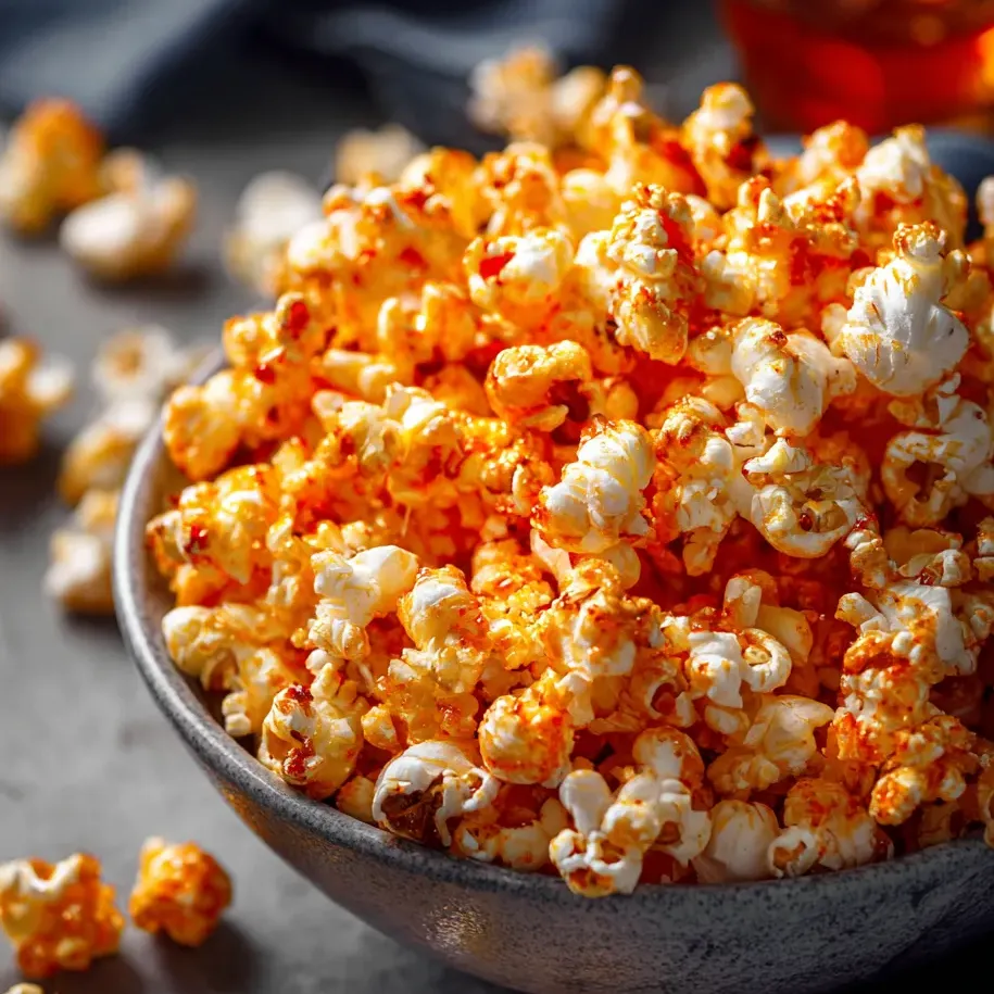 Big bowl of popcorn set on a table with a black napkin.