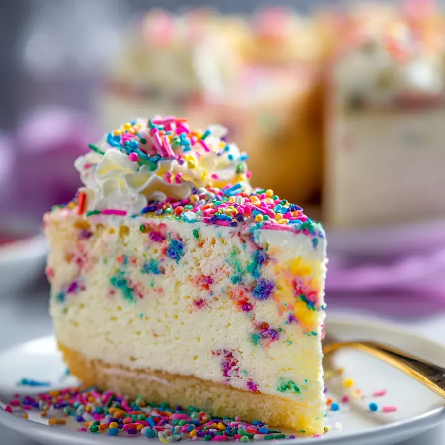 A plate topped with a colorful cake slice packed with sprinkles.
