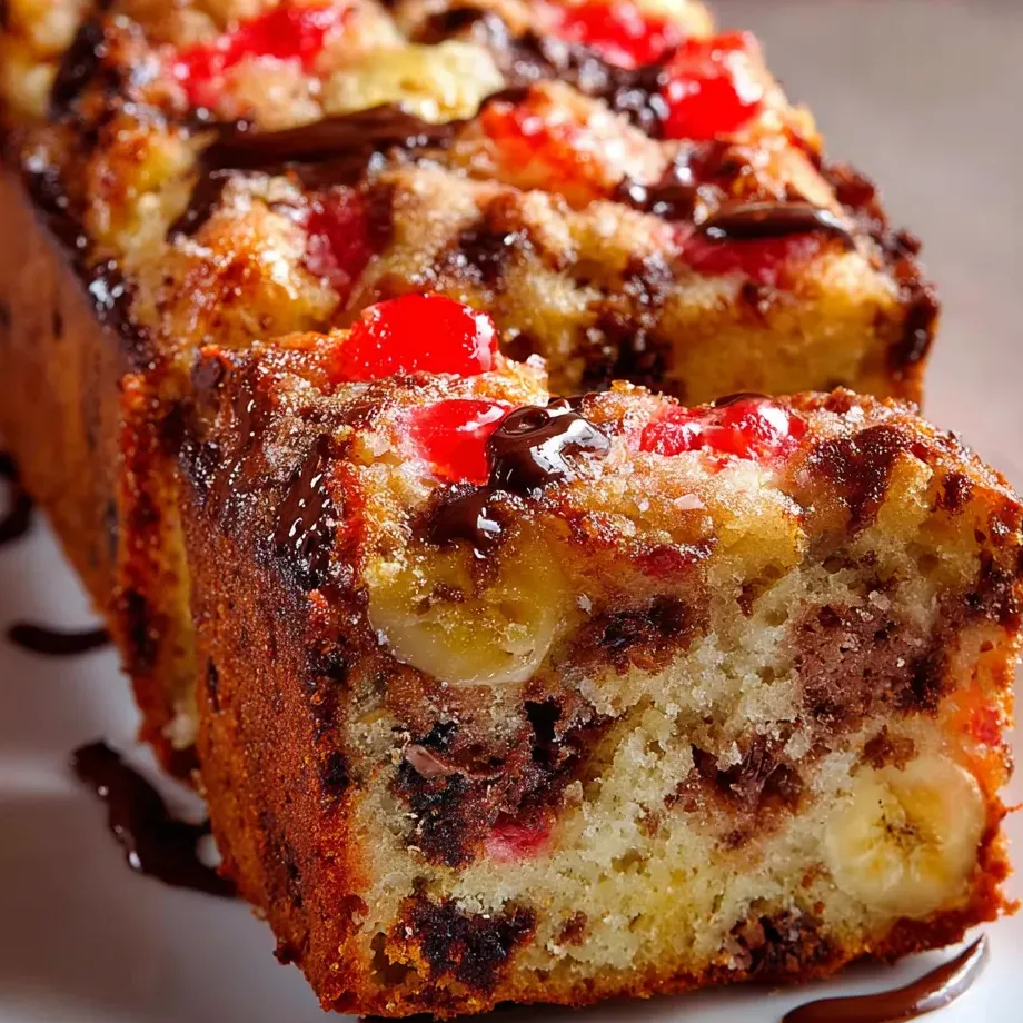 A slice of loaf packed with banana and bits of chocolate.