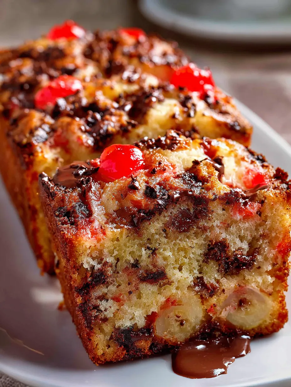 Slice topped with chocolate and cherries up close.