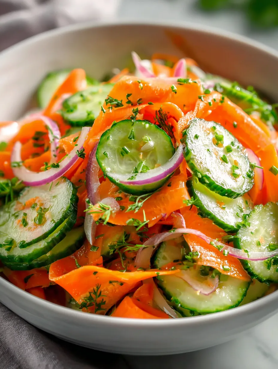 A bowl filled with sliced cucumbers and carrots.