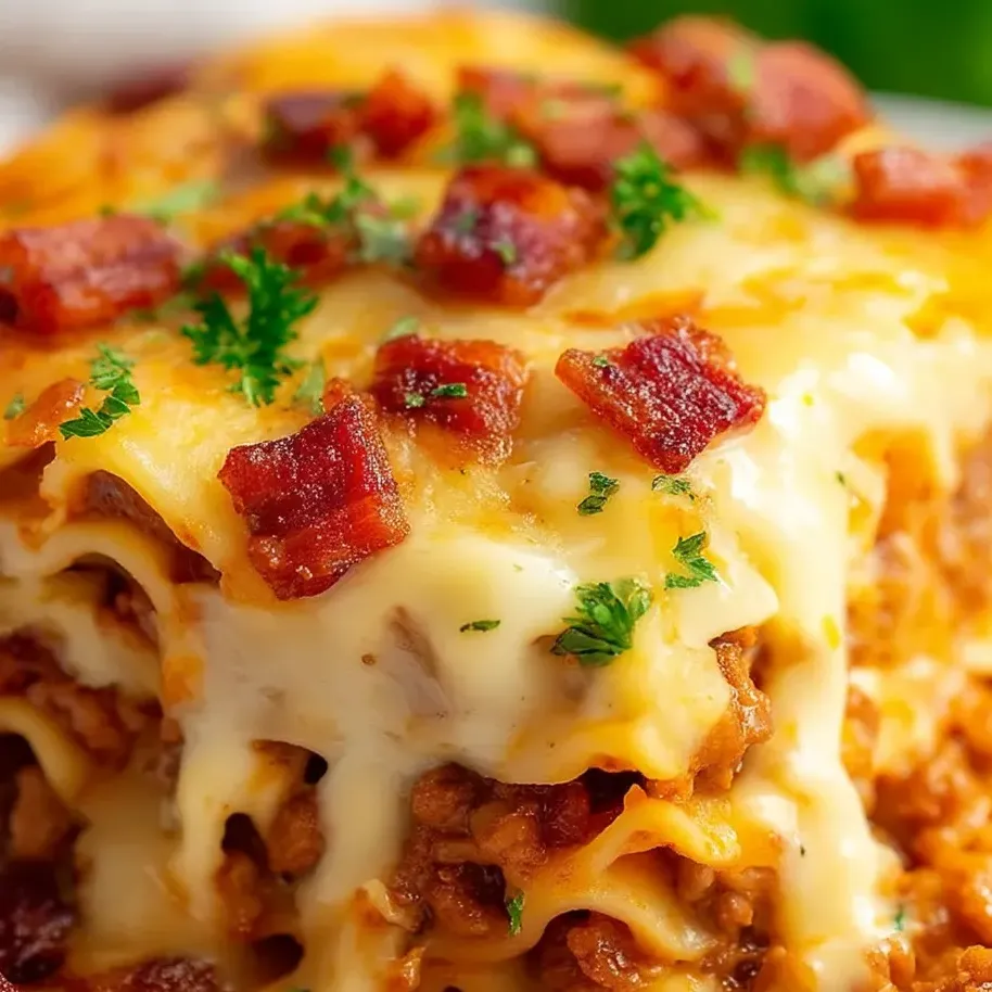 A close up look at gooey, cheesy bacon goodness in a casserole pan.
