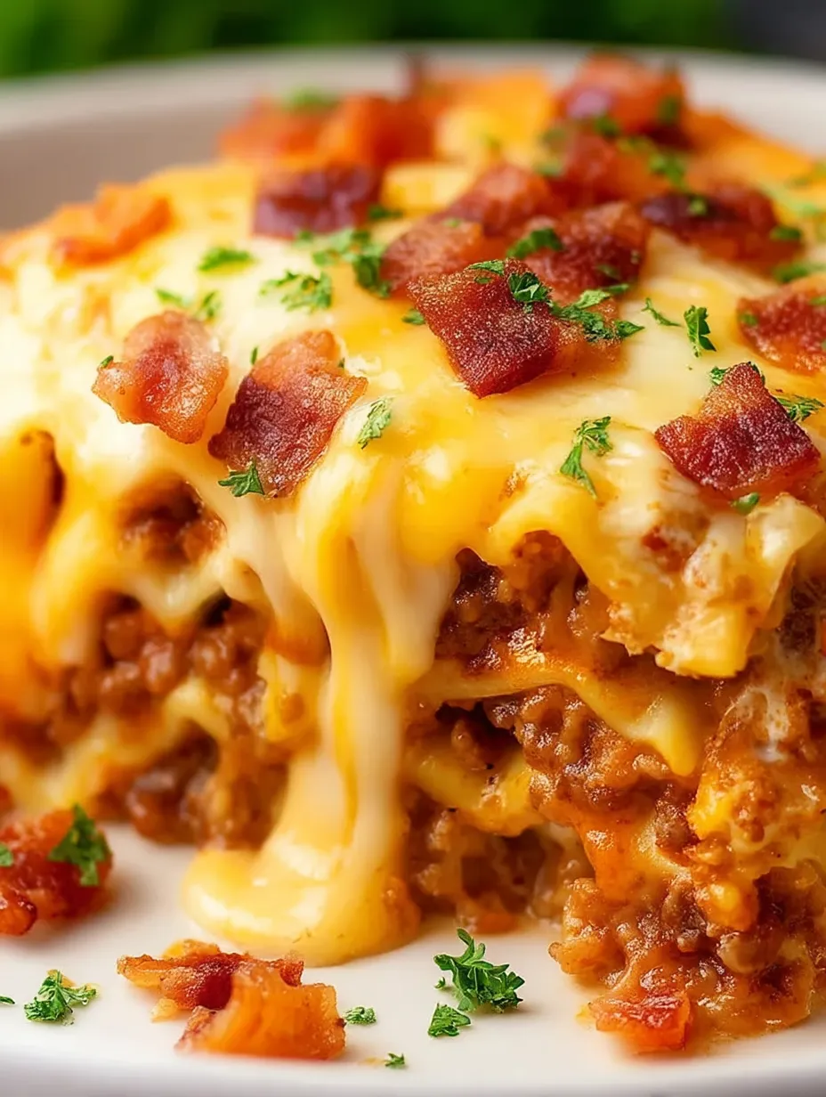 Plate piled with bacon lasagna and gooey cheese.