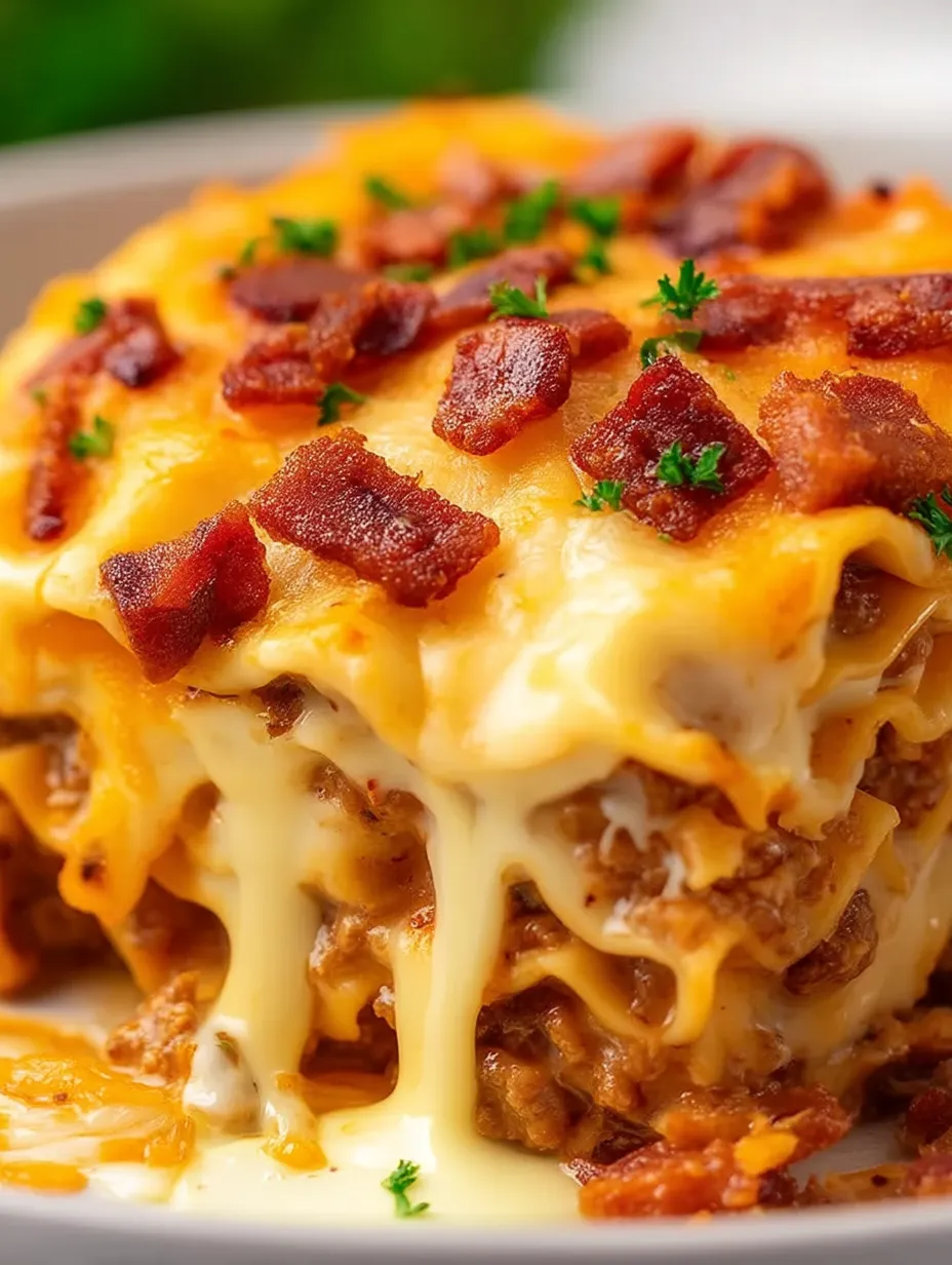 Big cheesy bacon lasagna closeup in a casserole dish.