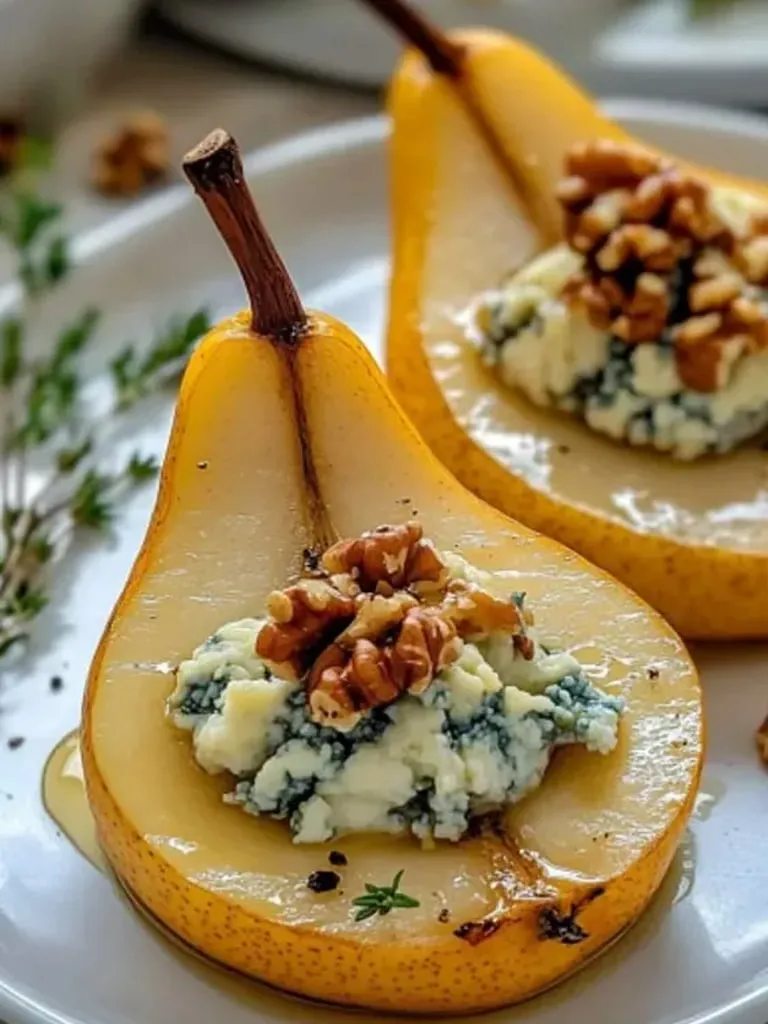 A slice of pear with a nut sitting on top.
