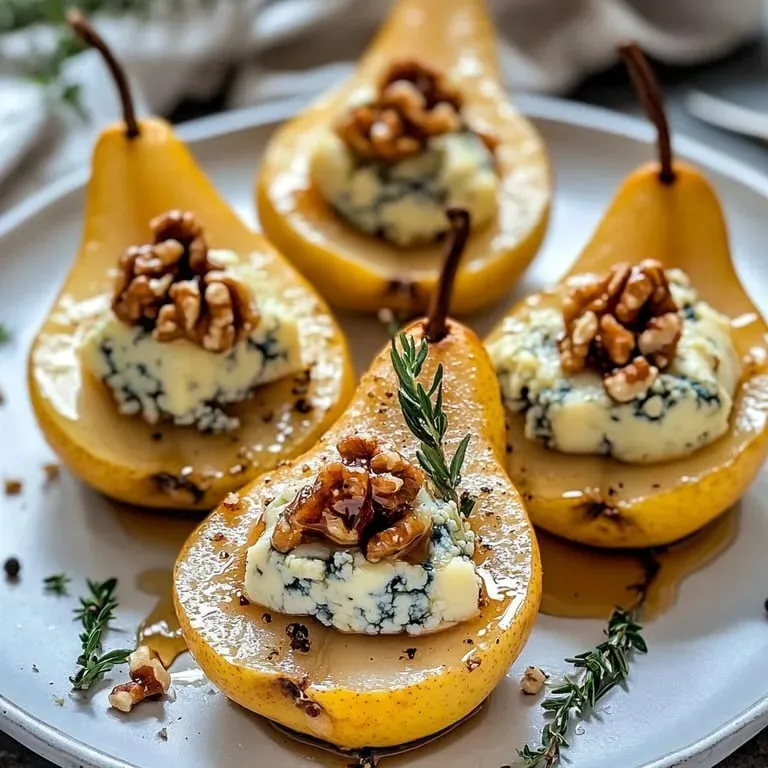 A serving plate with pears topped with cheese and chopped nuts.