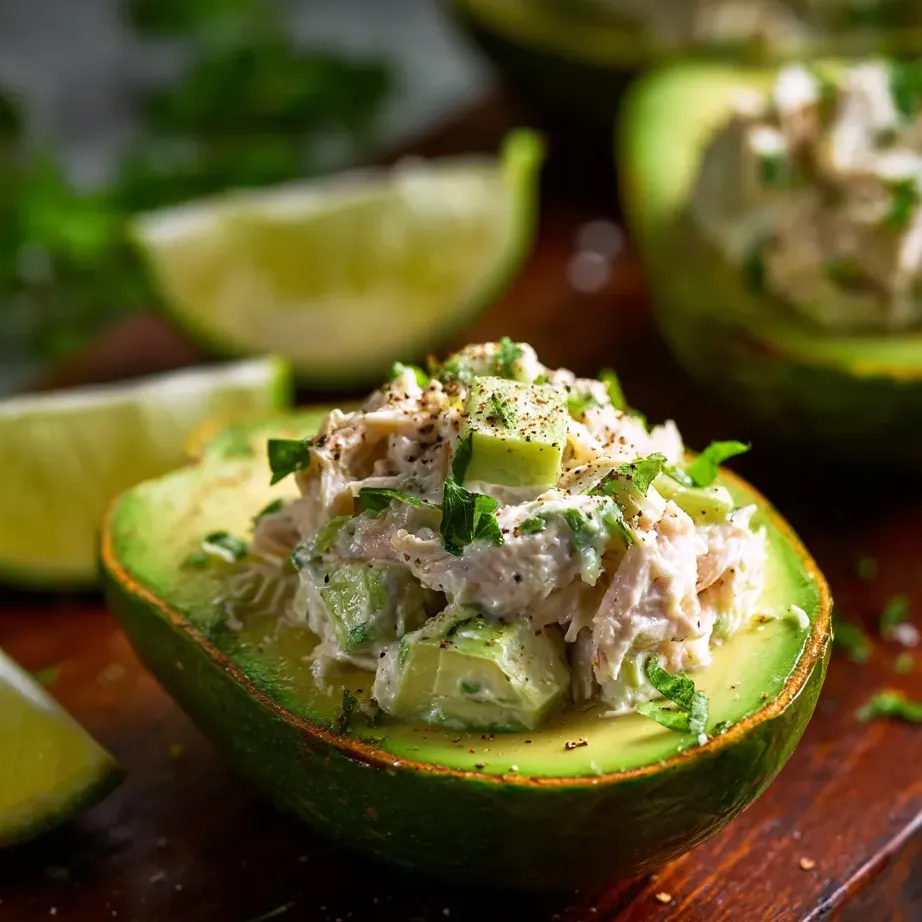 Avocado filled with chunky chicken salad.