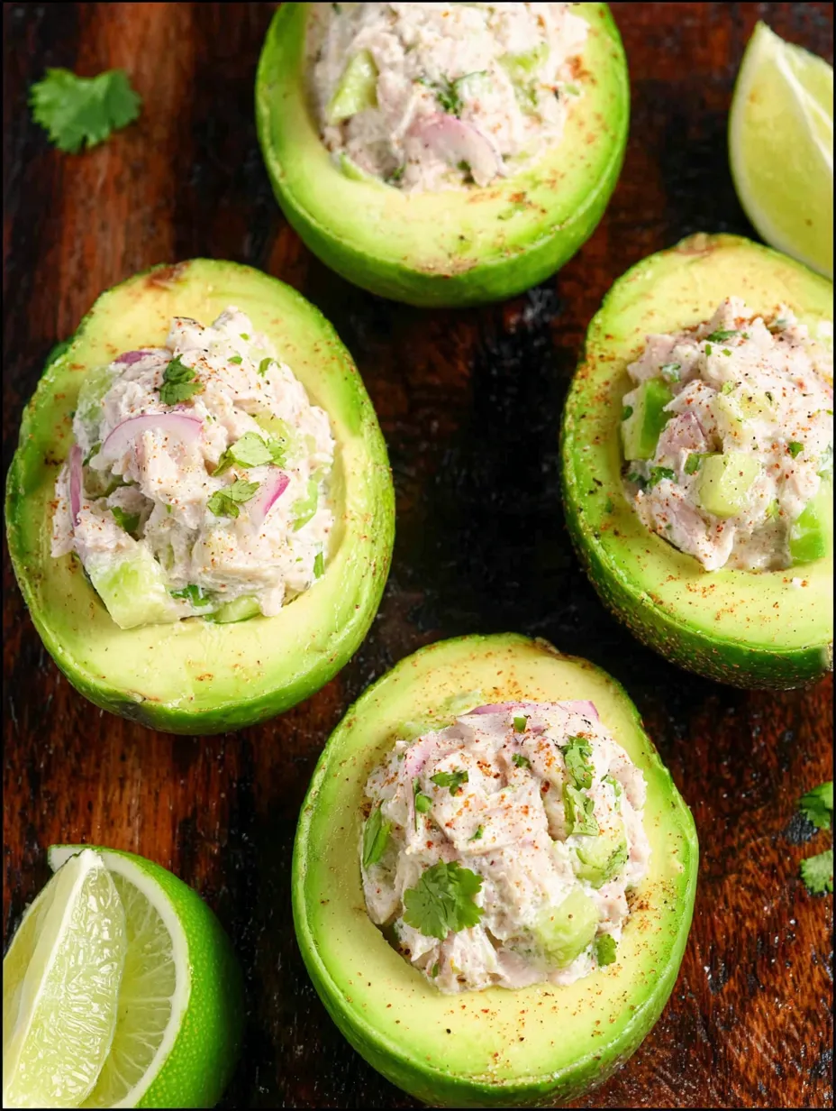 Serving plate with six avocado halves stuffed with a filling.
