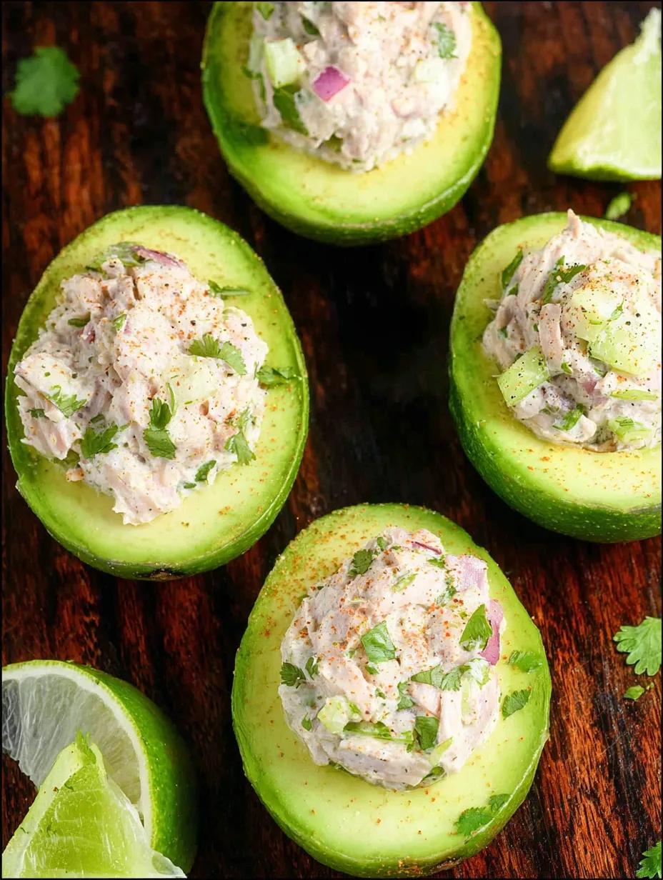 Plate loaded with avocado halves stuffed with creamy filling.