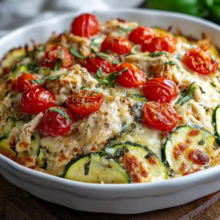 A dish of food with tomatoes, zucchini, and chicken.