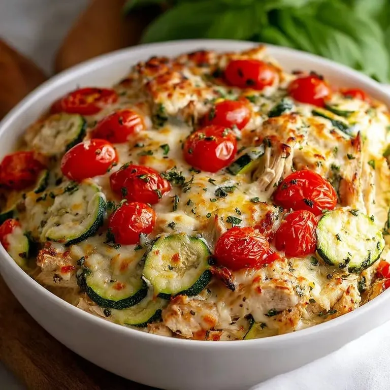 A bowl stacked with zucchini and cherry tomato chunks.