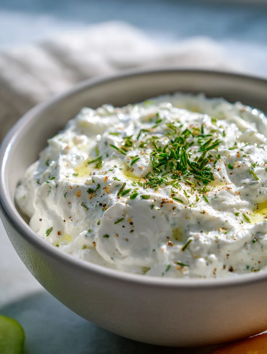 White creamy dip in a bowl with chopped green herbs sprinkled on top.