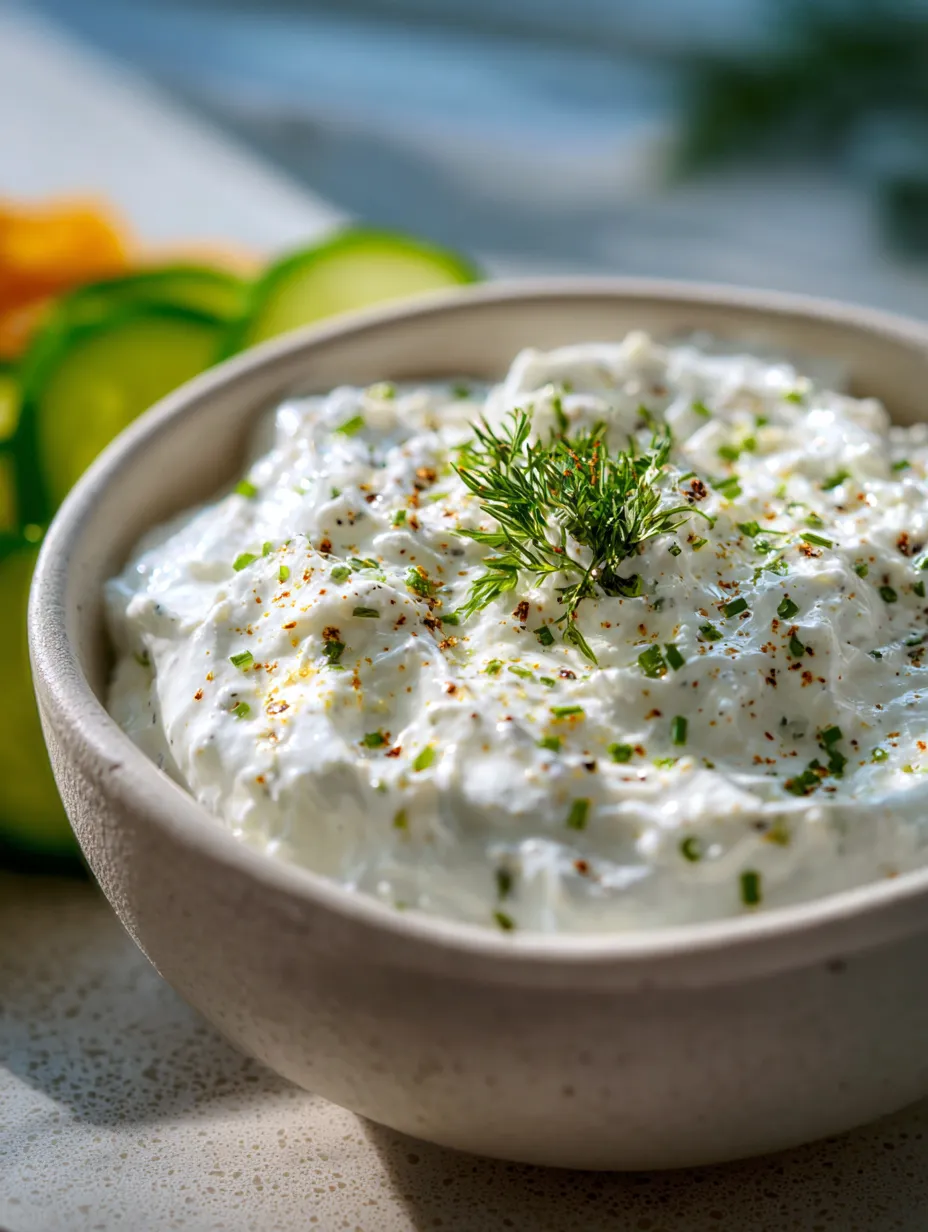 Dip in a white bowl with fresh green herbs on top.