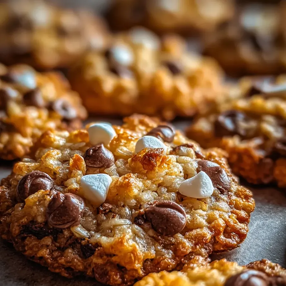 Chocolate chip cookie topped with gooey marshmallows up close.