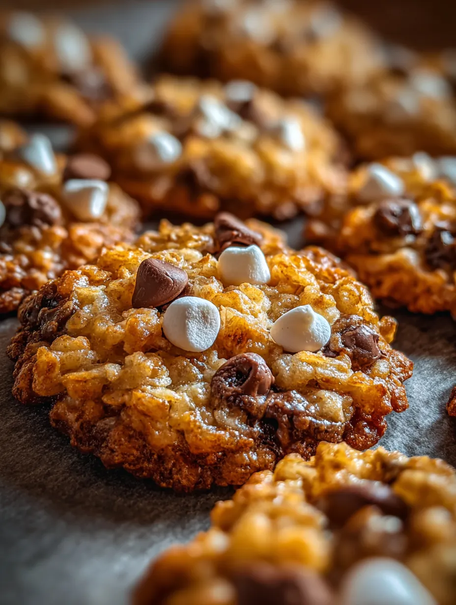 Big cookie covered in marshmallows and chocolate chips up close.