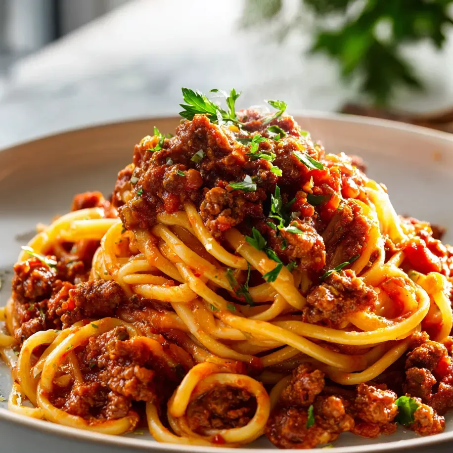 Spaghetti smothered in hearty meat sauce.