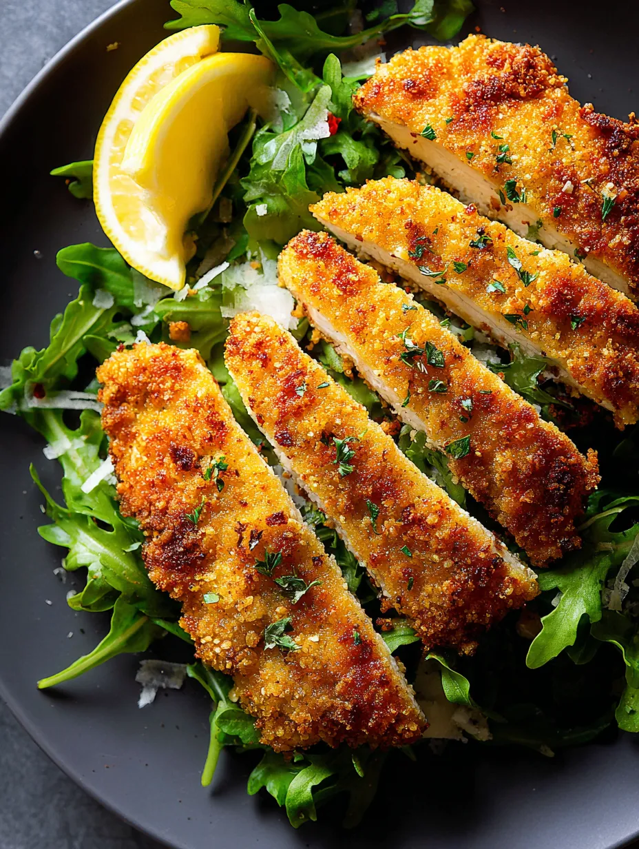 A plate stacked with chicken and fresh greens.