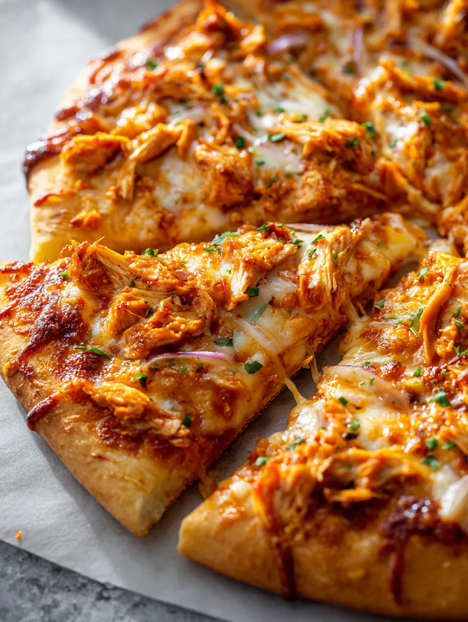 A slice topped with chicken and bubbly cheese.