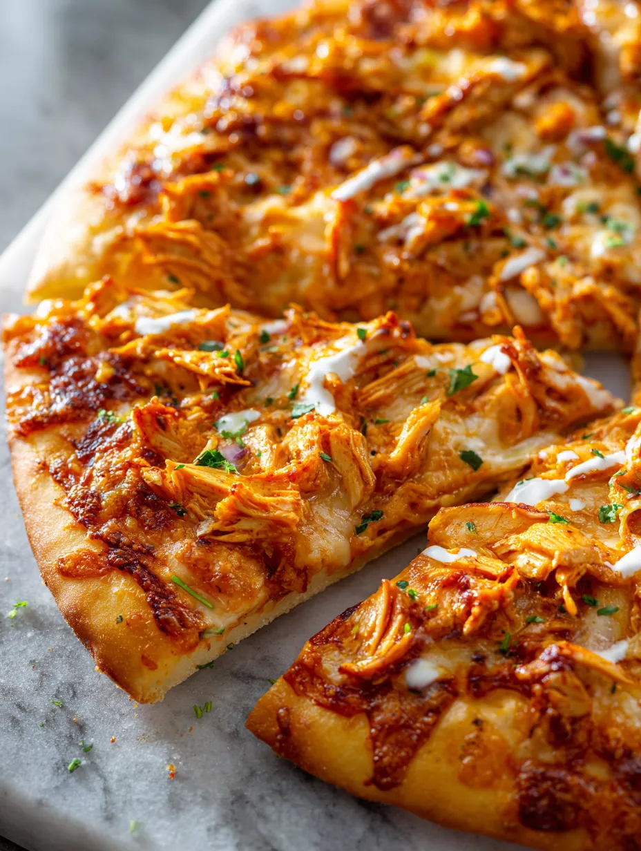 A slice topped with chicken and bubbly cheese.