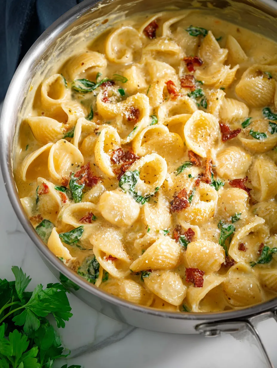 Pasta bowl loaded with bacon, cheese, and herbs.
