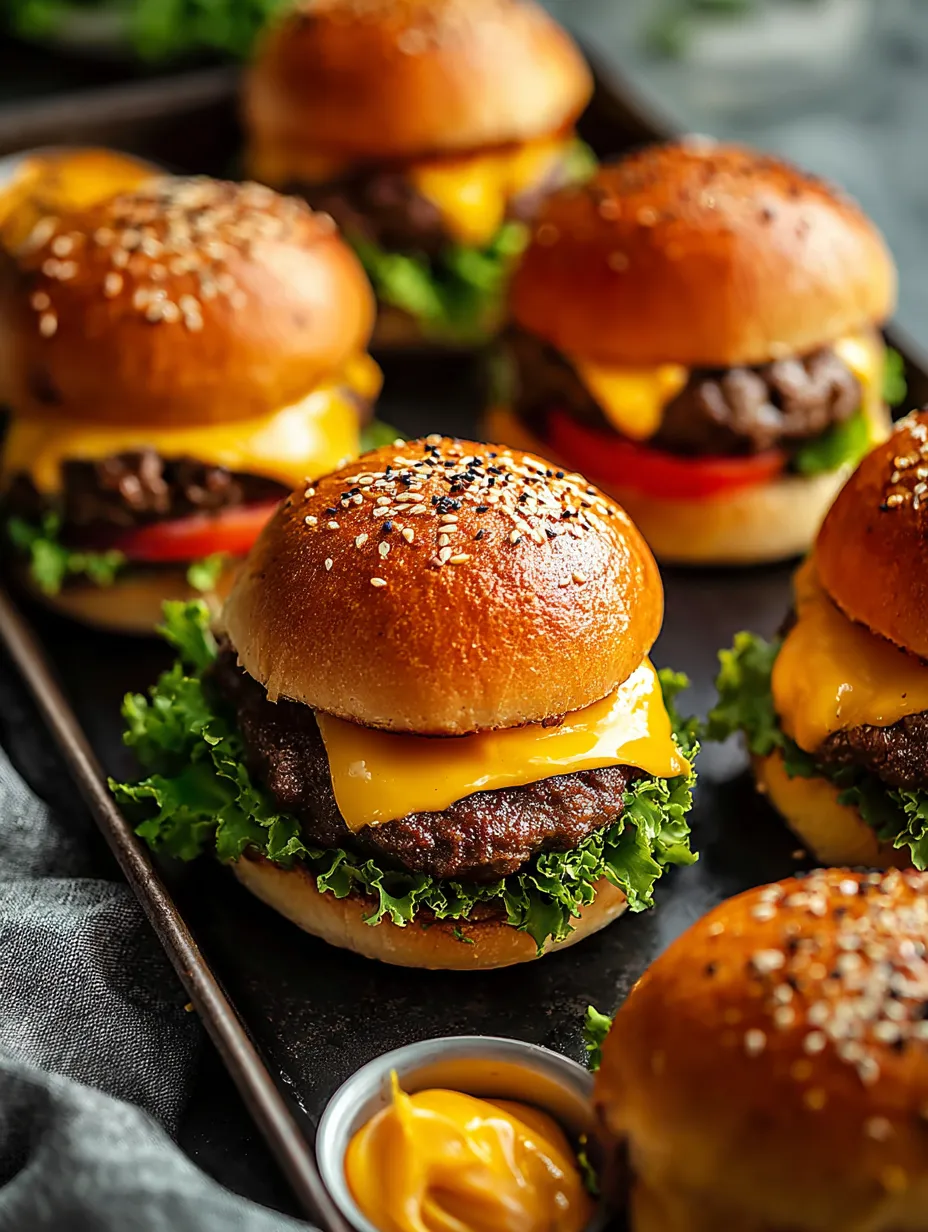 Mini burgers topped with cheese and lettuce lined up on a tray.