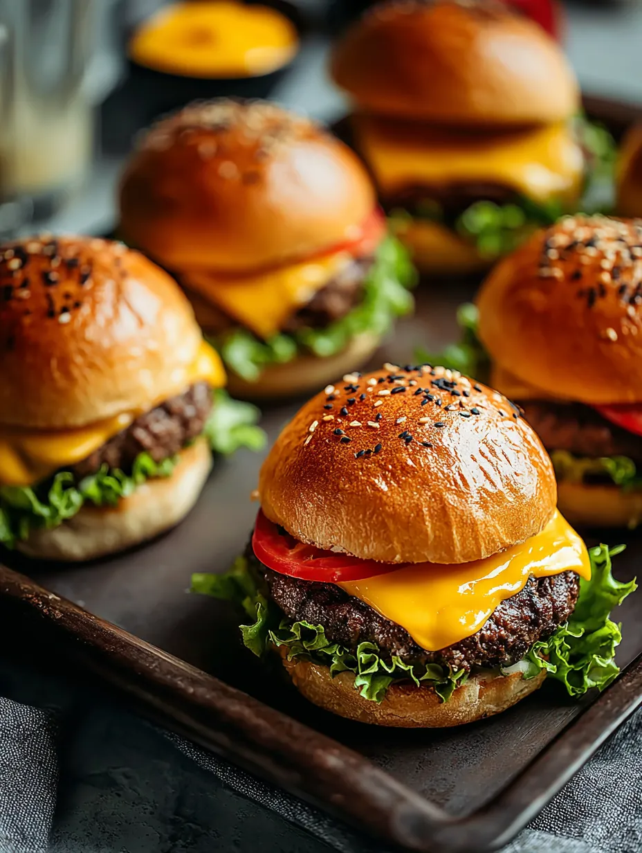 A plate stacked with mini burgers and fresh toppings.